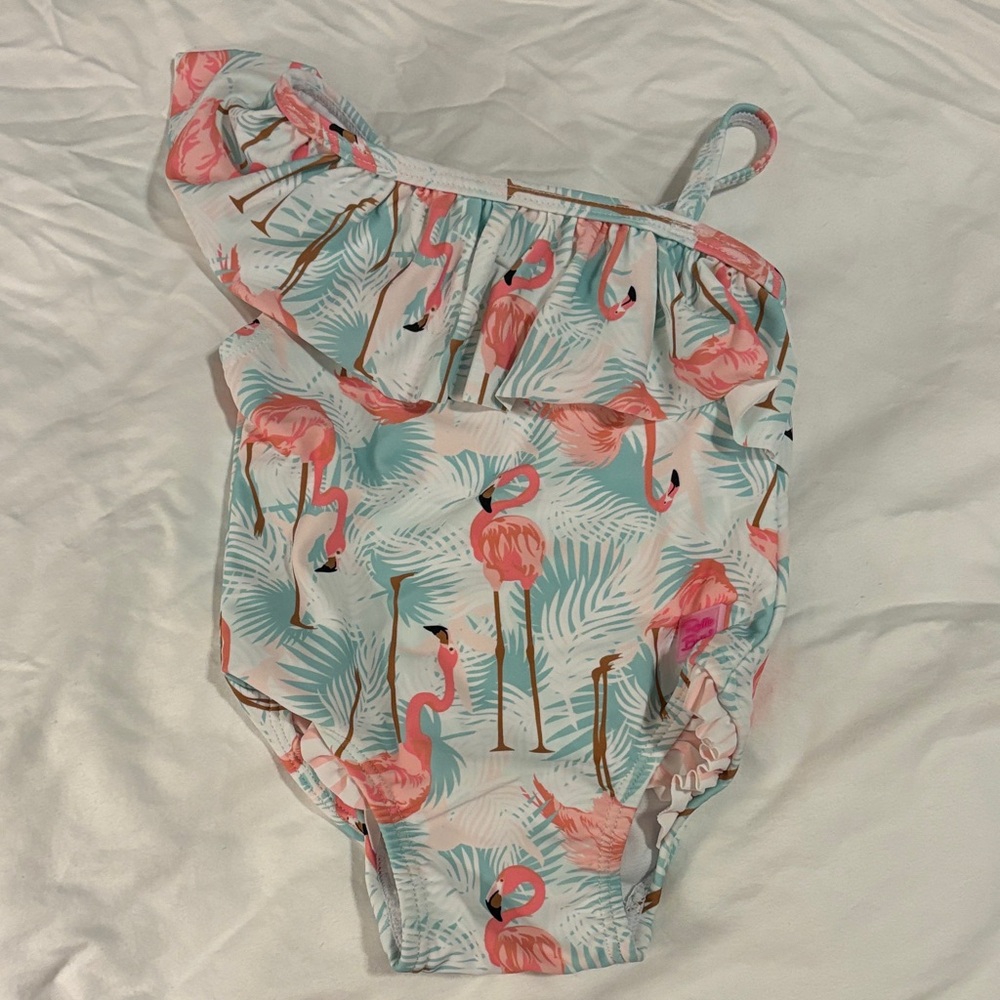 Ruffle Butts Flamingo Print One Piece - Pink and Blue